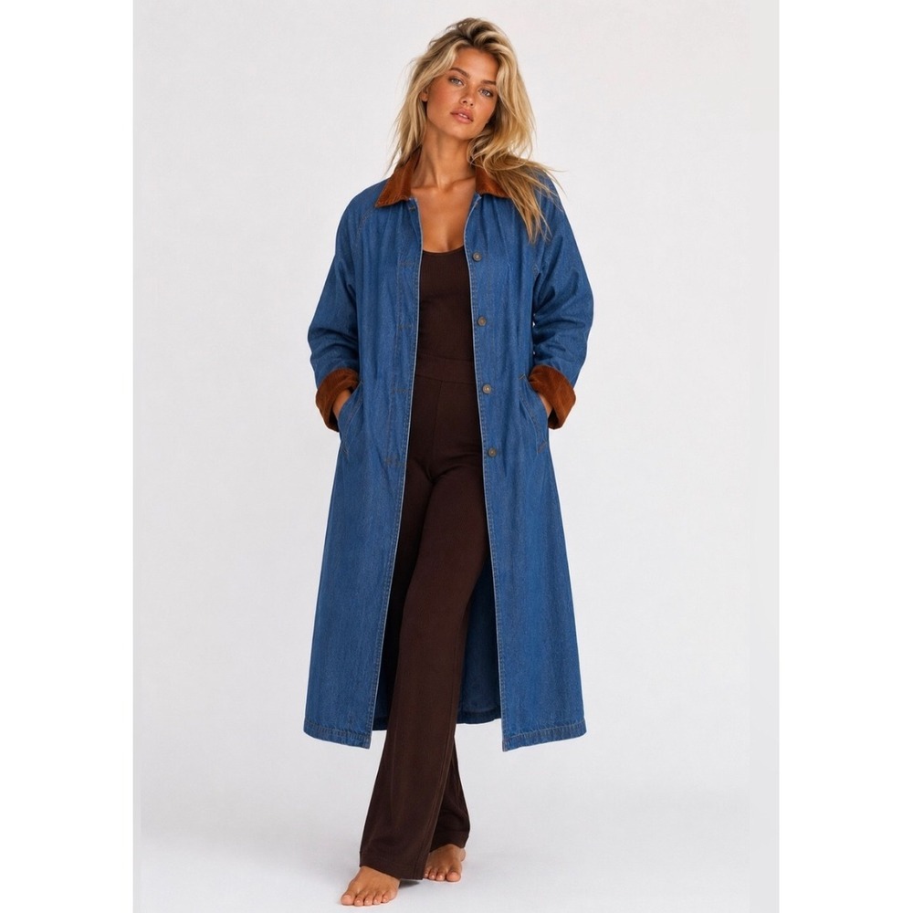 Vintage Denim Duster Coat Corduroy Collar Quiet Luxury Boho Parisian Americana